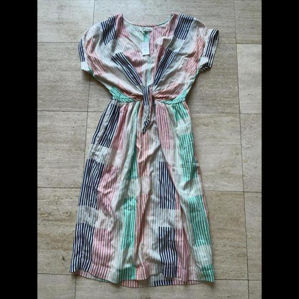 Lou & Grey Striped Geo Tie Waist Midi Dress Size S Multicolor Pockets NWT‎